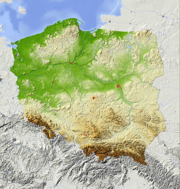 Mapa da Polónia com terra e água Mapa da Polónia com terra e água