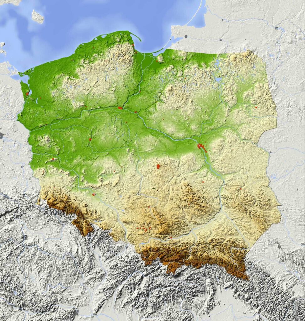 Mapa da Polónia com terra e água Mapa da Polónia com terra e água