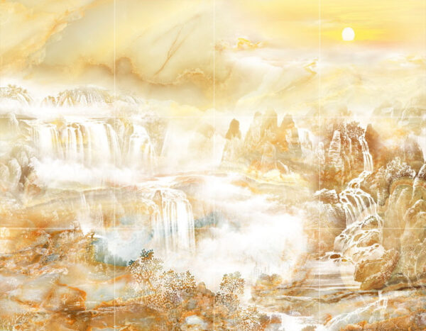 Pintura de uma cascata e de montanhas Pintura de uma cascata e de montanhas