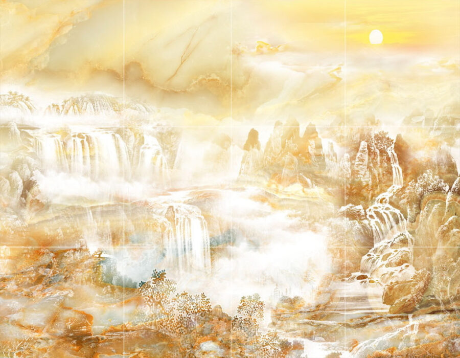 Pintura de uma cascata e de montanhas