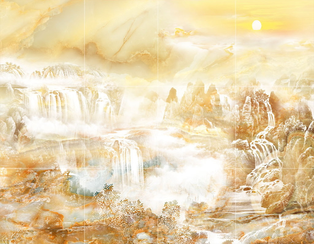 Pintura de uma cascata e de montanhas Pintura de uma cascata e de montanhas
