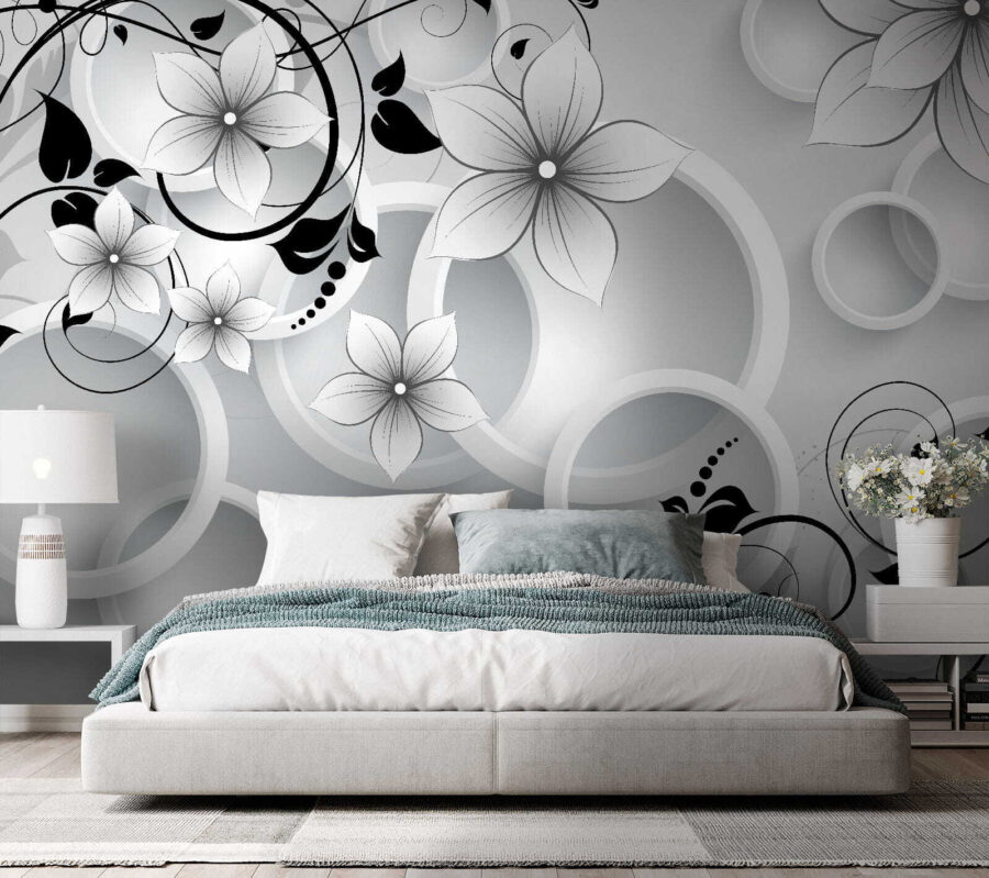 Papel de parede Papel de parede com flores e círculos