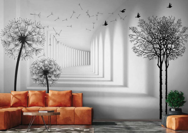 Quarto branco com árvores e pássaros a voar Quarto branco com árvores e pássaros a voar
