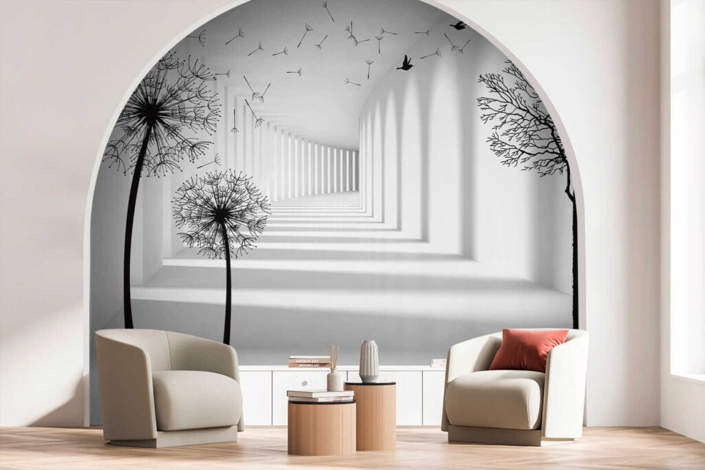Quarto branco com árvores e pássaros a voar u37803pig5 1024x683 - Quarto branco com árvores e pássaros a voar