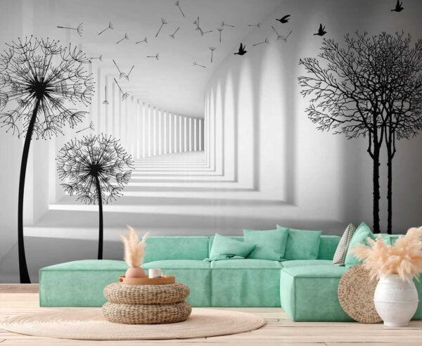 Quarto branco com árvores e pássaros a voar Quarto branco com árvores e pássaros a voar
