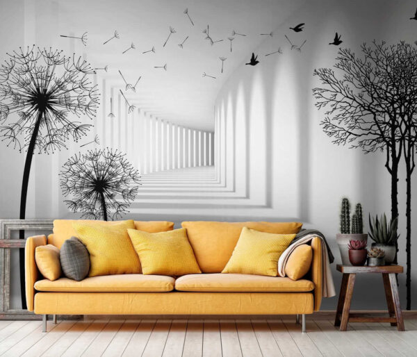 Quarto branco com árvores e pássaros a voar Quarto branco com árvores e pássaros a voar