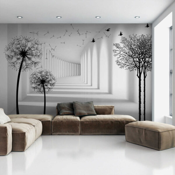 Quarto branco com árvores e pássaros a voar Quarto branco com árvores e pássaros a voar