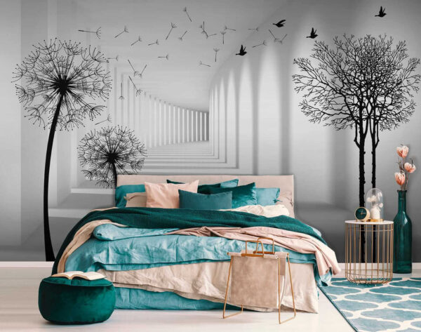 Quarto branco com árvores e pássaros a voar Quarto branco com árvores e pássaros a voar