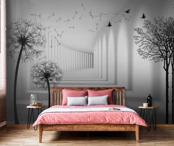 Quarto branco com árvores e pássaros a voar Quarto branco com árvores e pássaros a voar