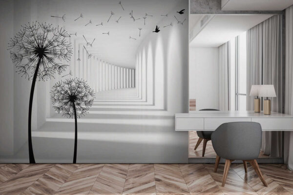 Quarto branco com árvores e pássaros a voar Quarto branco com árvores e pássaros a voar