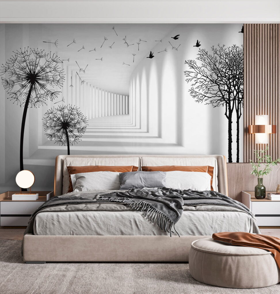 Quarto branco com árvores e pássaros a voar u37803pib1m 973x1024 - Quarto branco com árvores e pássaros a voar