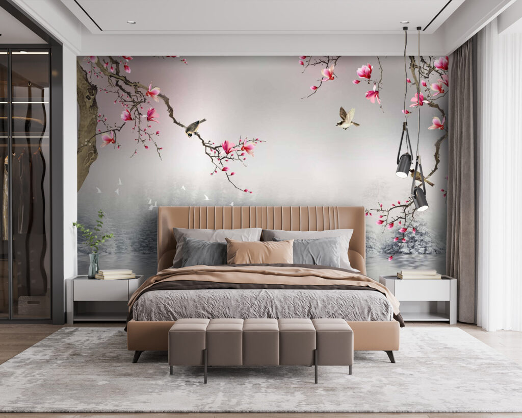 Tree branches with pink flowers and birds flying over water Tree branches with pink flowers and birds flying over water