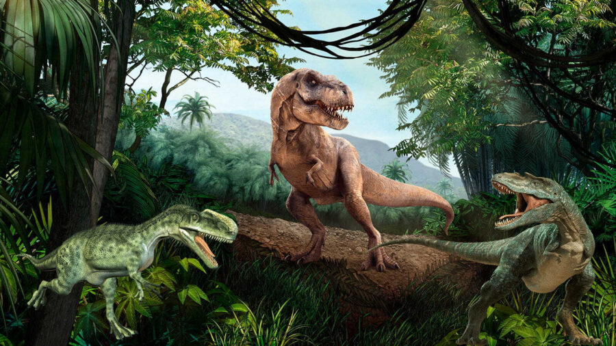Dinossauro numa floresta
