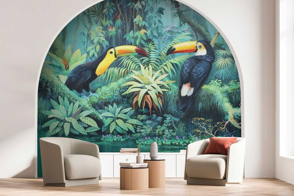 Painting of birds in a forest