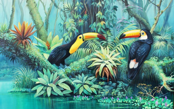 Pintura de aves numa floresta Pintura de aves numa floresta