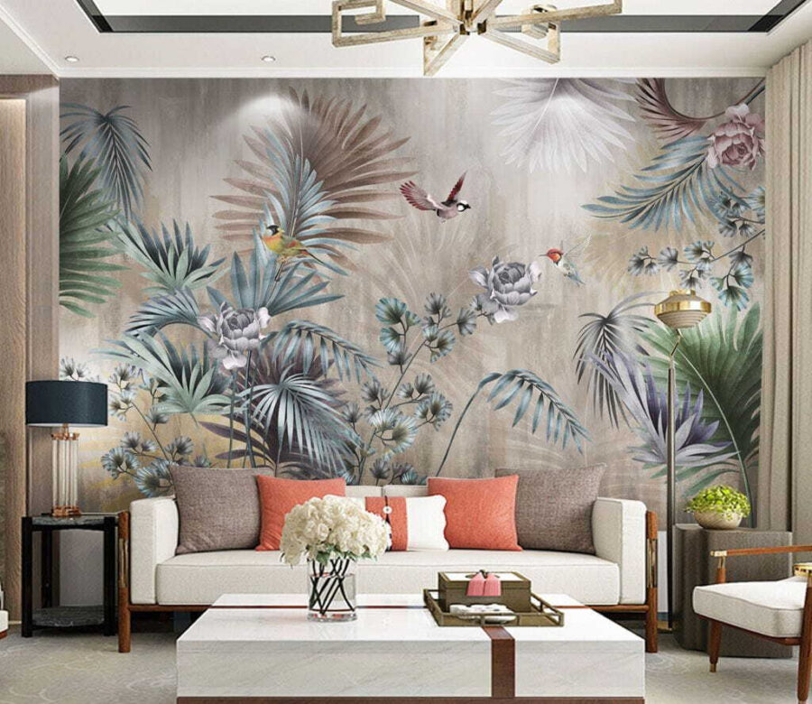 Papel de parede com pássaros e flores