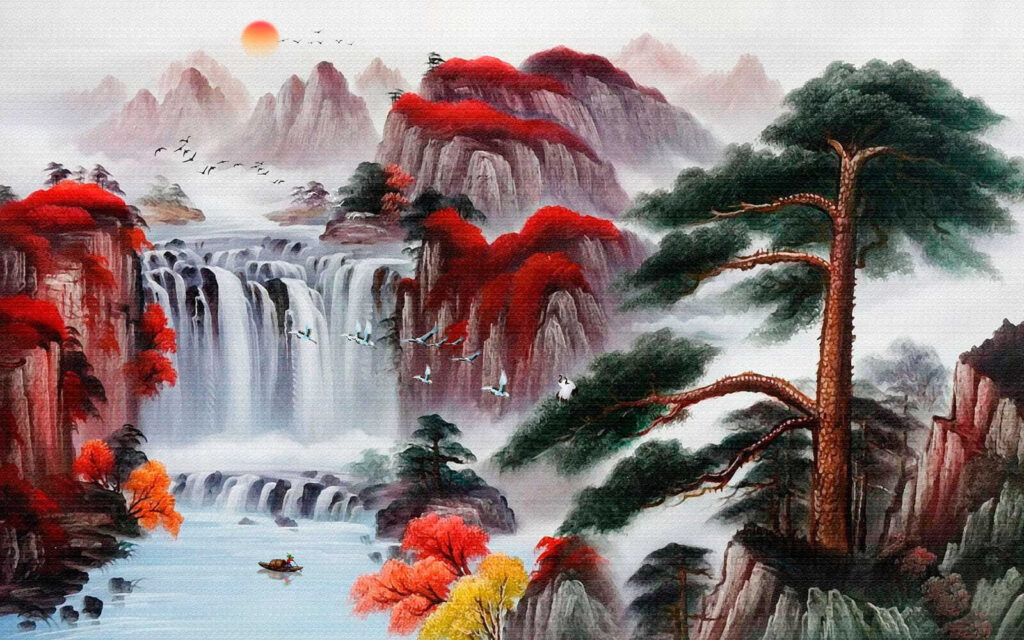 Pintura de uma cascata e de árvores Pintura de uma cascata e de árvores