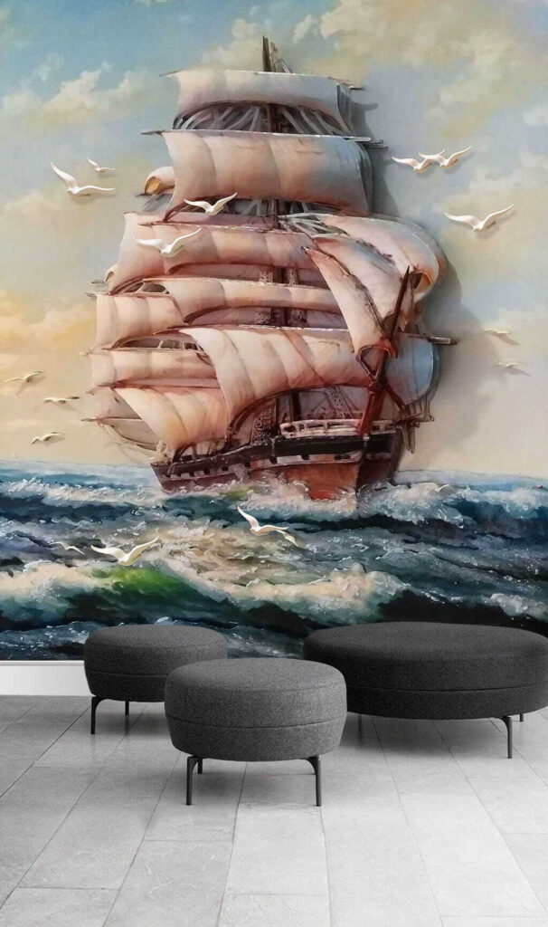 u34241pih1 606x1024 - Pintura de um navio com velas e pássaros a voar