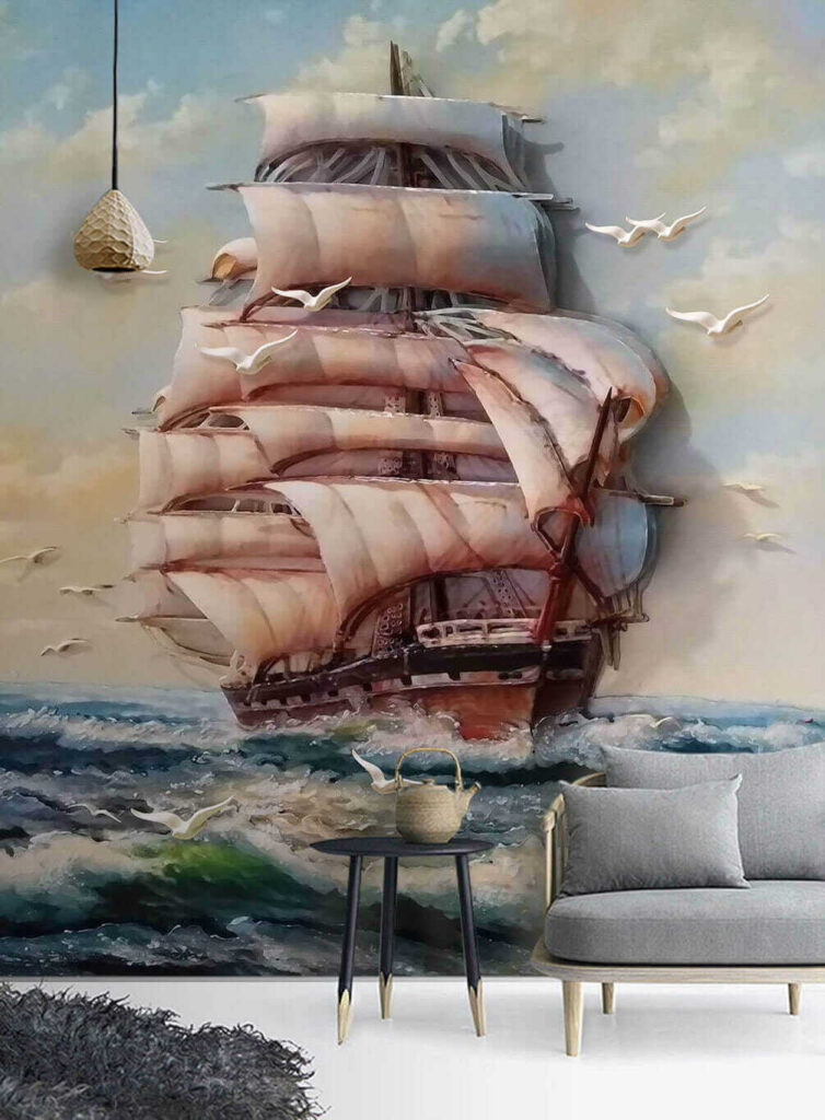u34241pig1 754x1024 - Pintura de um navio com velas e pássaros a voar