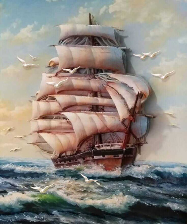 Pintura de um navio com velas e pássaros a voar u34241p 600x719 - Pintura de um navio com velas e pássaros a voar