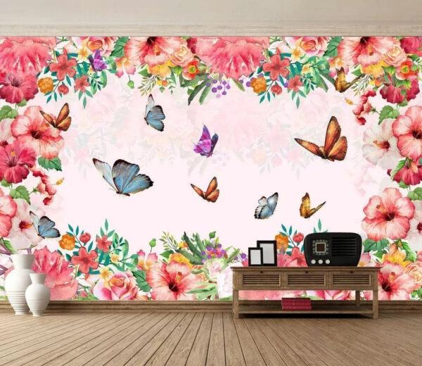 Papel de parede Papel de parede Grupo de borboletas e flores (REF: u34199)