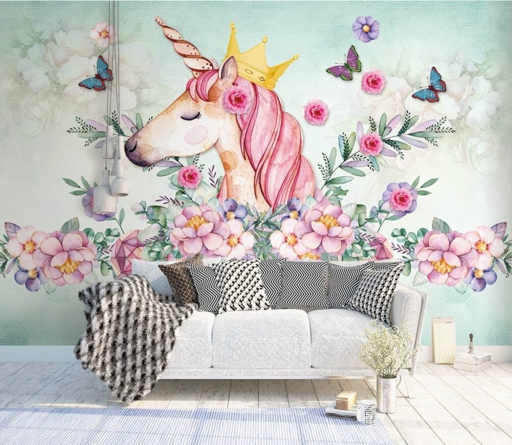 Watercolor unicorn with a crown and flowers