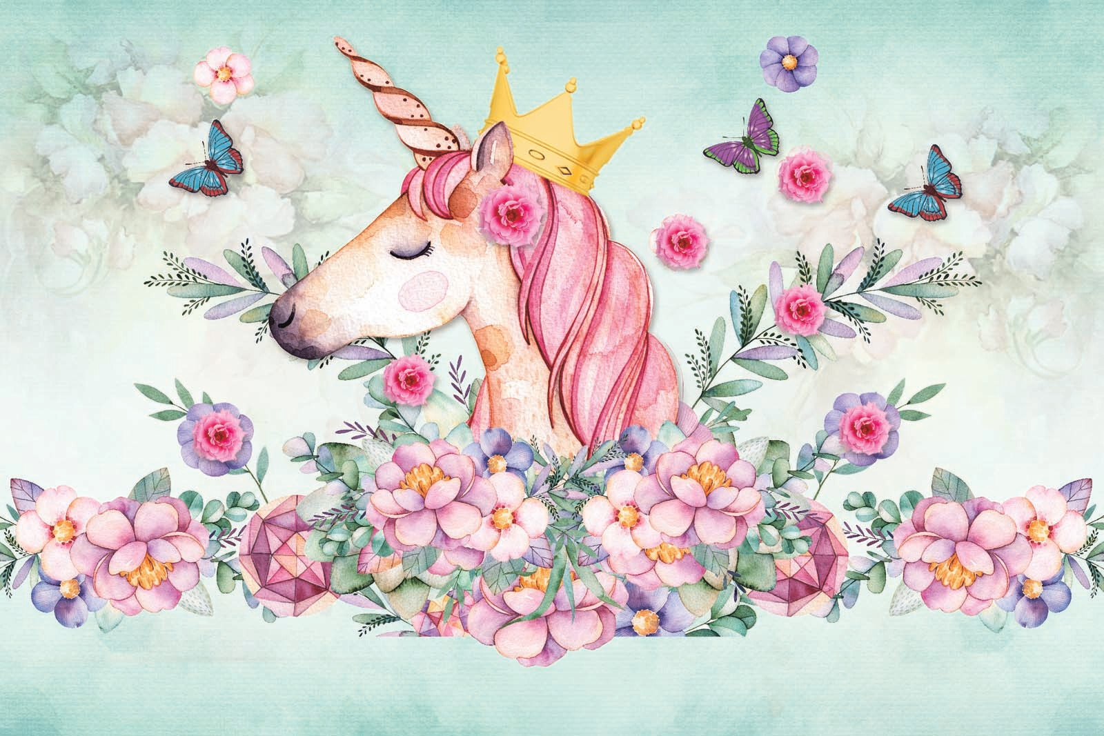 Watercolor unicorn with a crown and flowers