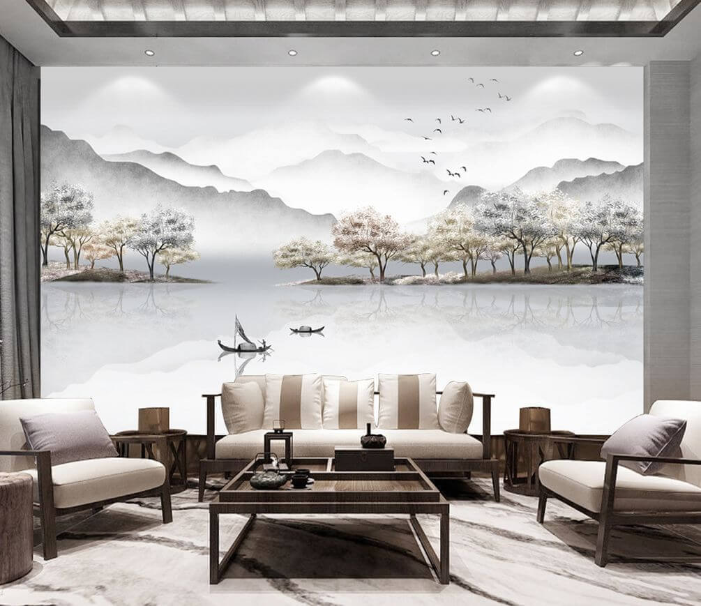 Painting of a lake with trees and mountains