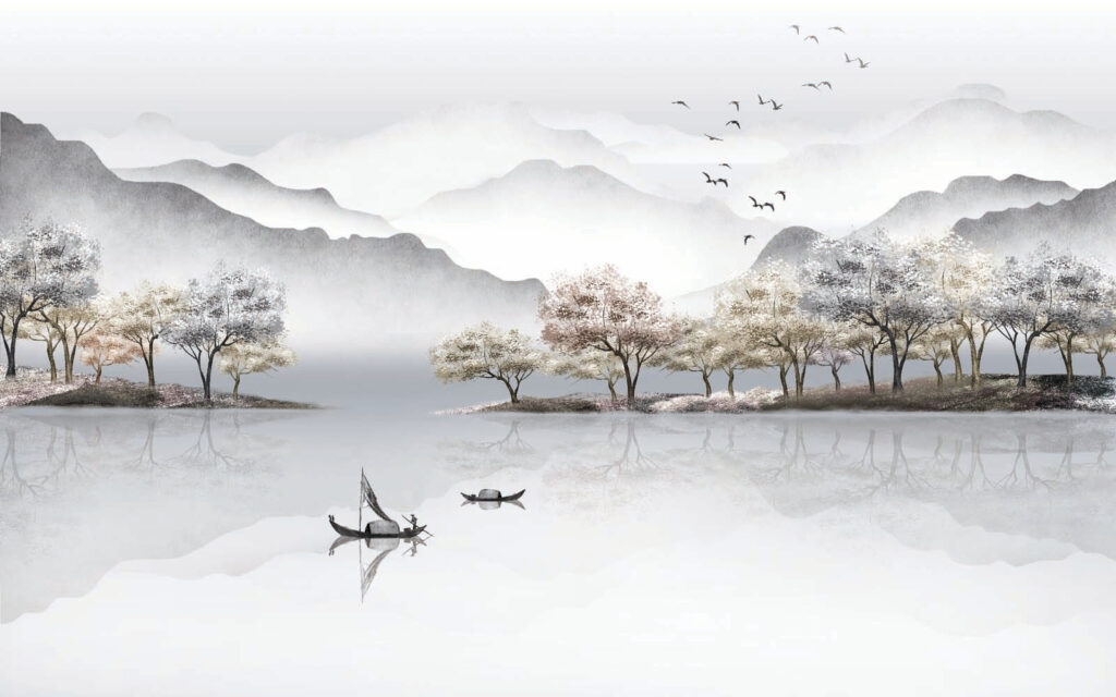 Pintura de um lago com árvores e montanhas Pintura de um lago com árvores e montanhas