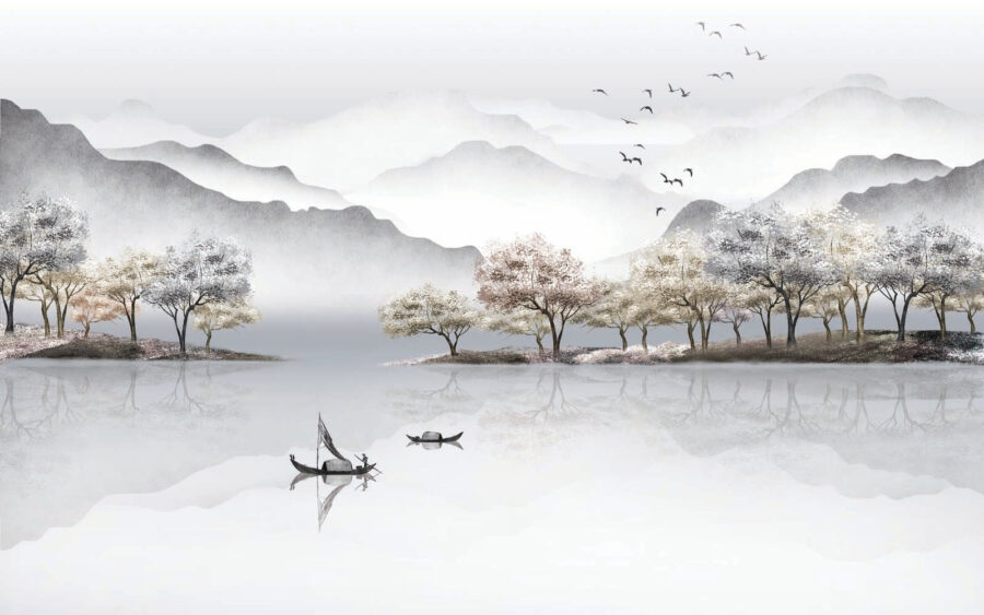 Pintura de um lago com árvores e montanhas