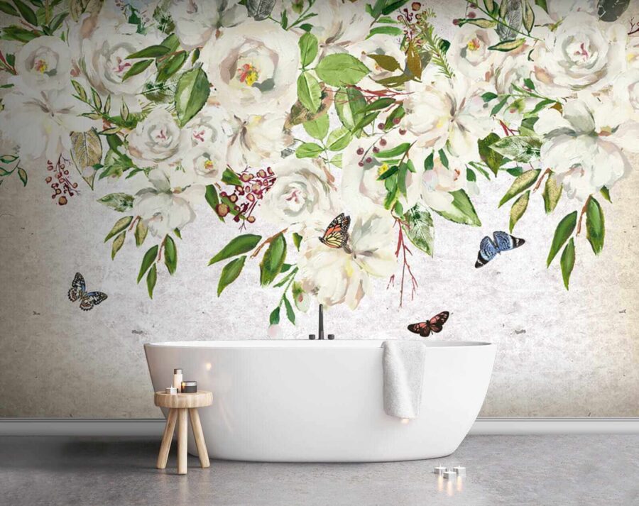 Pintura de flores brancas e borboletas
