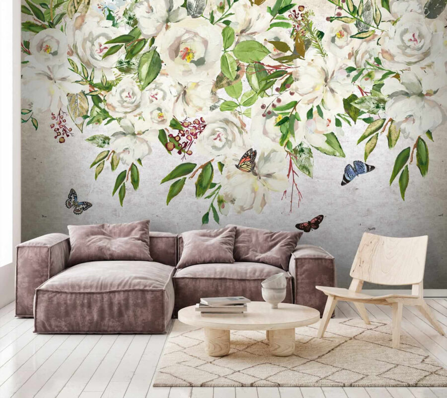 Pintura de flores brancas e borboletas