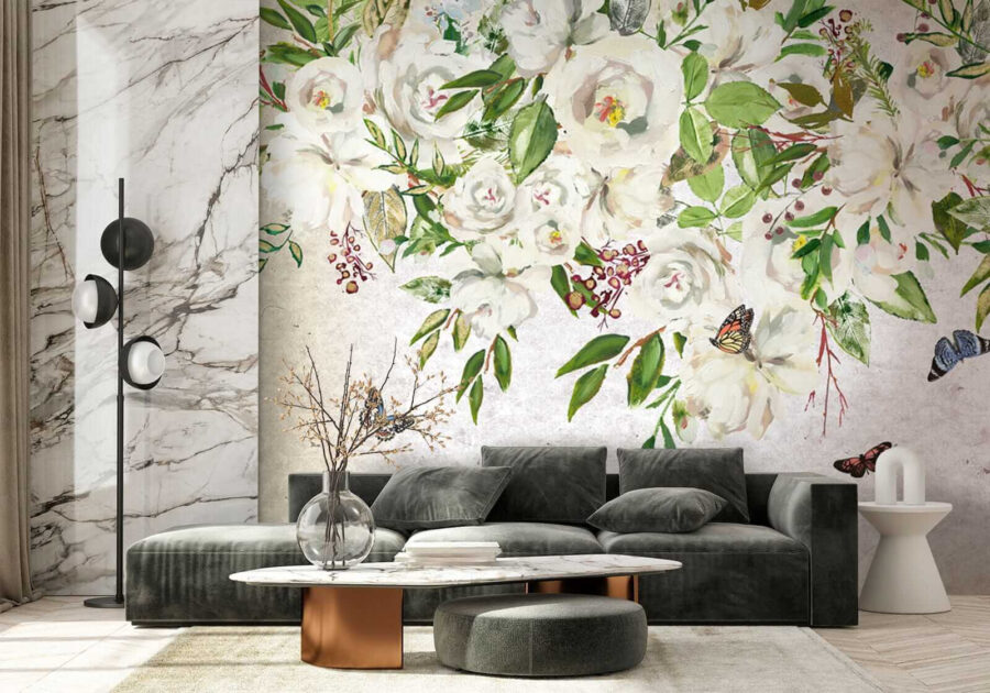 Pintura de flores brancas e borboletas