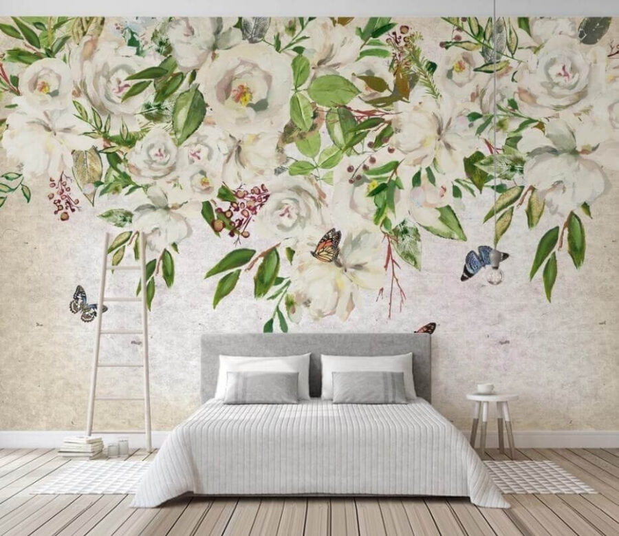 Pintura de flores brancas e borboletas
