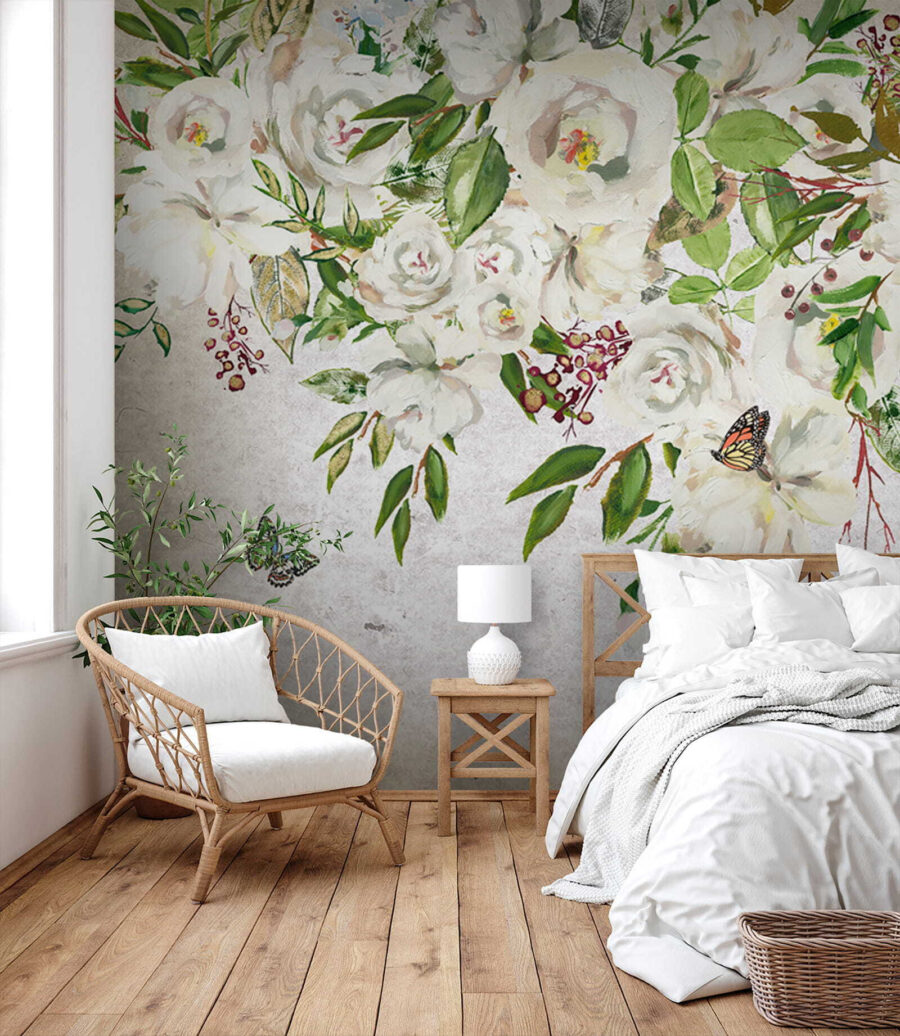 Pintura de flores brancas e borboletas
