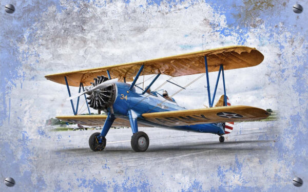Avião azul e amarelo numa pista de aterragem Avião azul e amarelo numa pista de aterragem