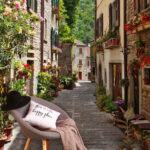 Papel de parede Rua estreita com flores e plantas ao lado