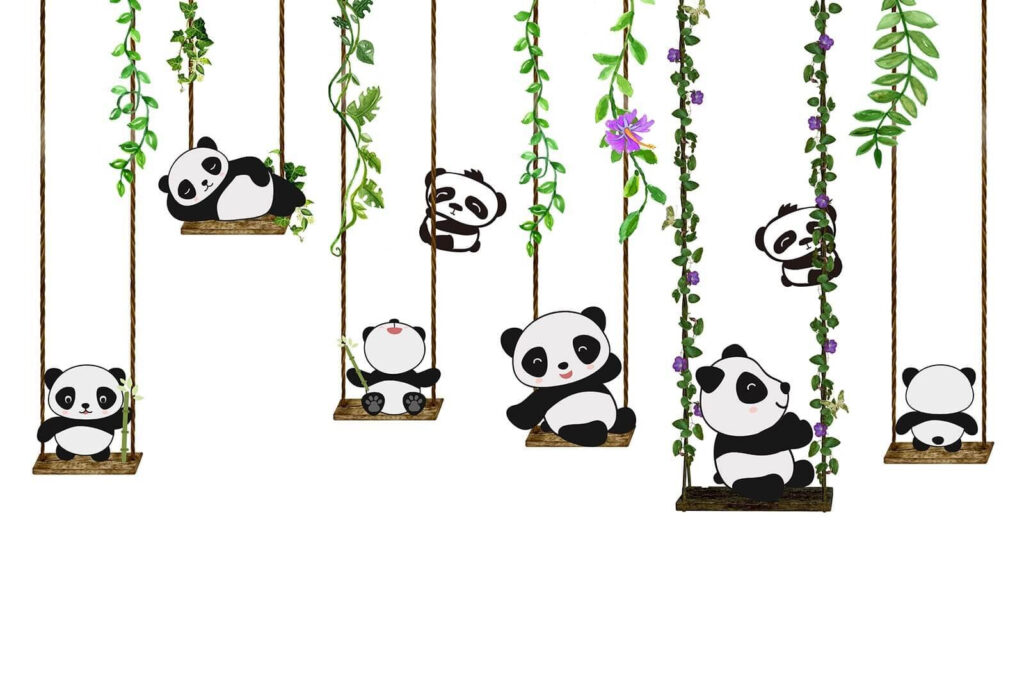 Grupo de pandas em baloiços Grupo de pandas em baloiços