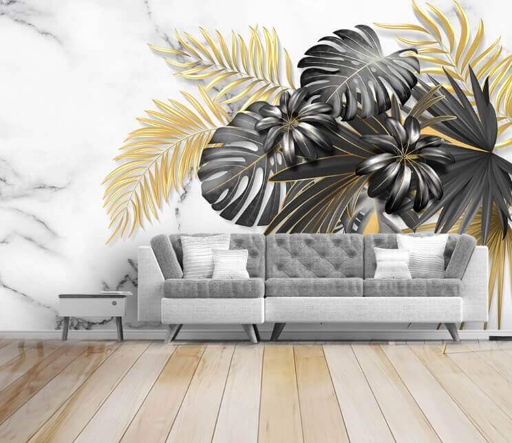 Wall murals Elegant foliage on a marble backdrop