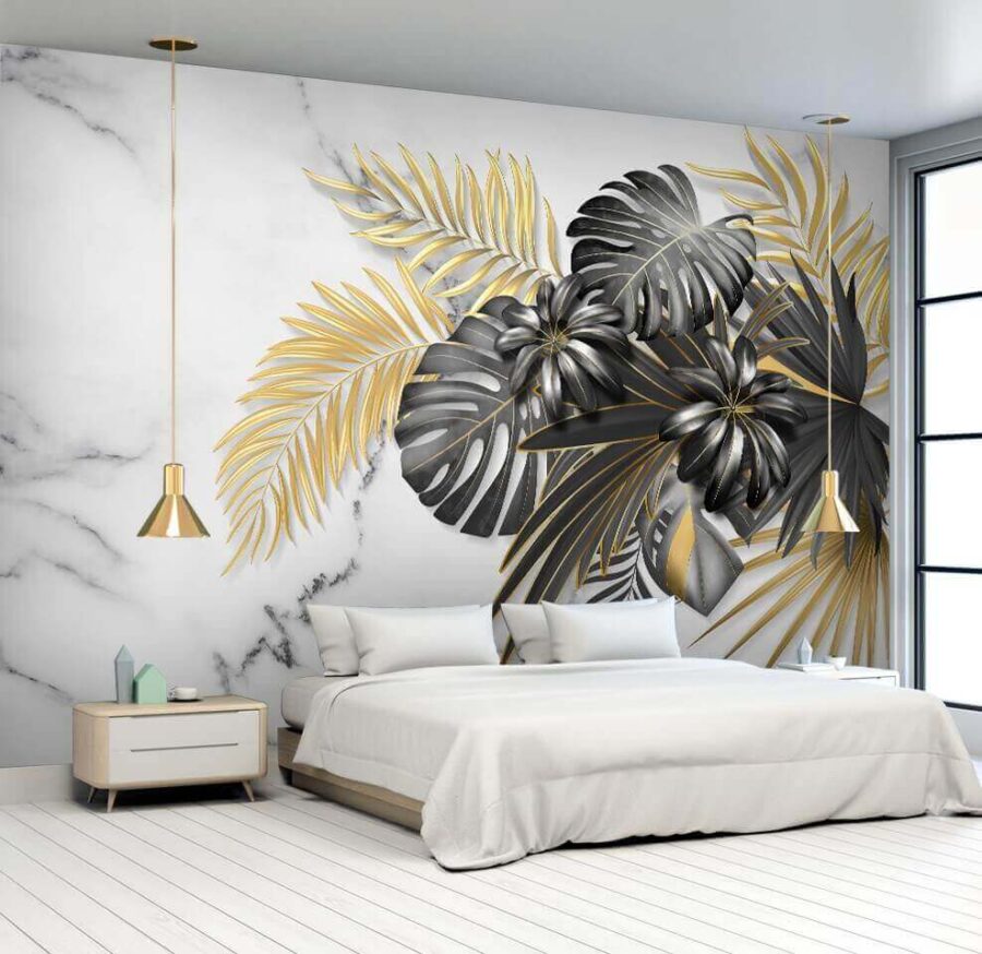 Wall murals Elegant foliage on a marble backdrop
