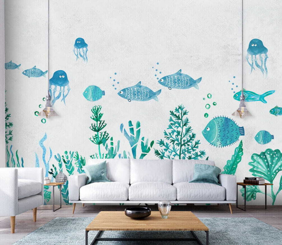 Um grupo de peixes e medusas