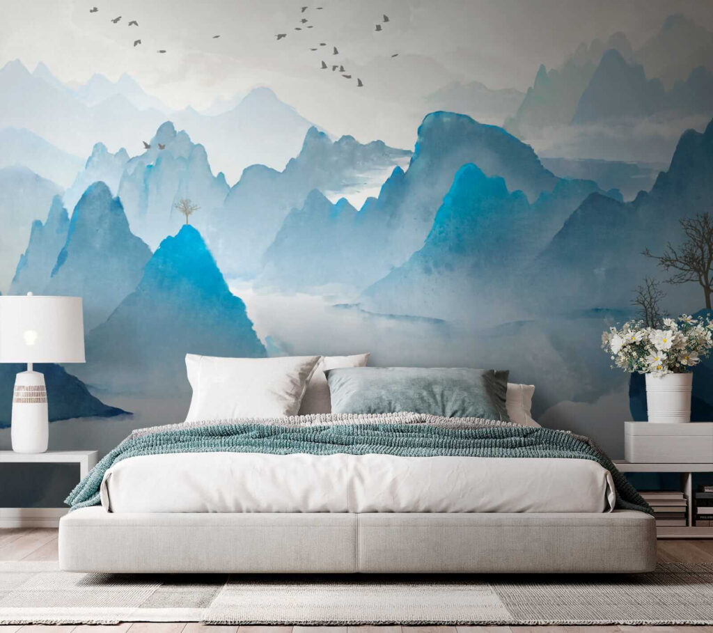 Watercolor painting of mountains and birds