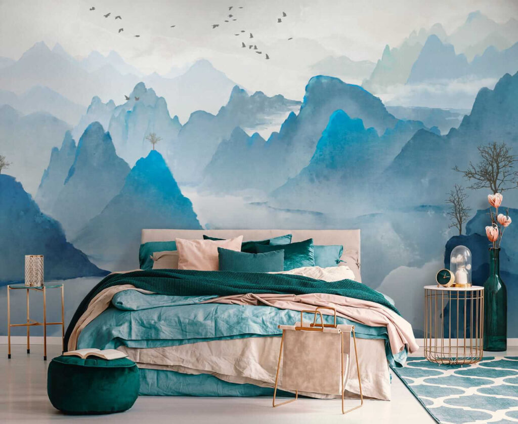 Watercolor painting of mountains and birds
