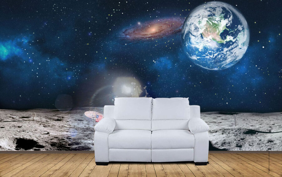 Lua com um planeta e estrelas e um planeta em fundo