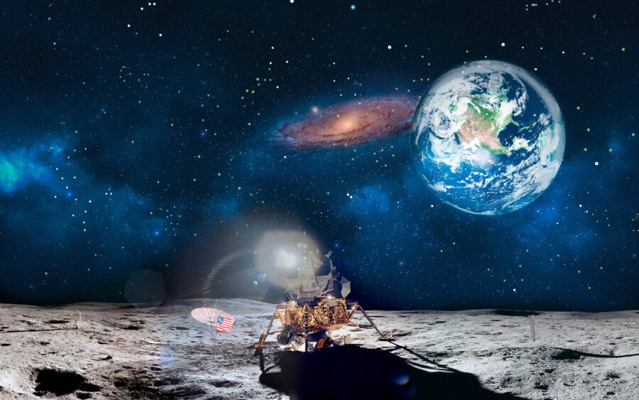 Lua com um planeta e estrelas e um planeta em fundo