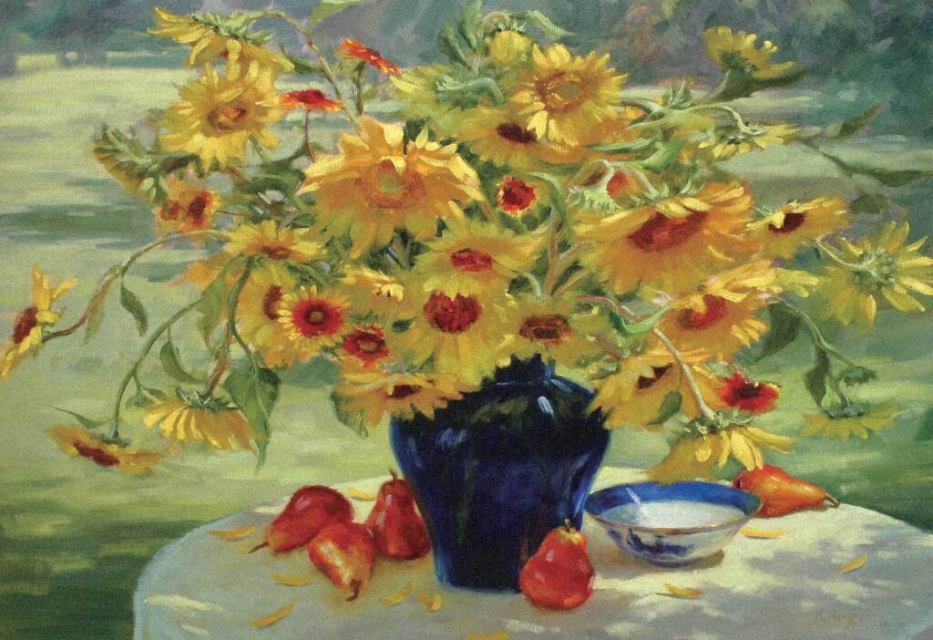 Pintura de um vaso com flores amarelas e frutos Pintura de um vaso com flores amarelas e frutos