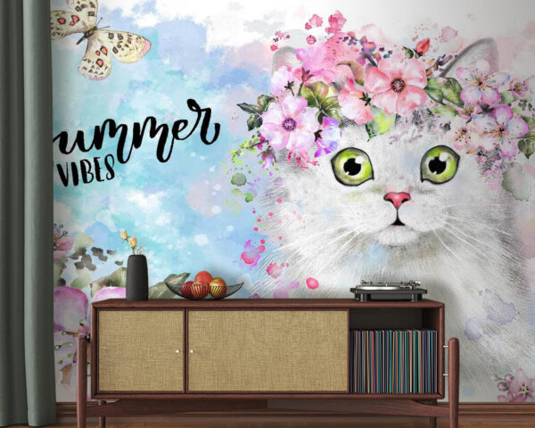 Gato com flores na cabeça Gato com flores na cabeça