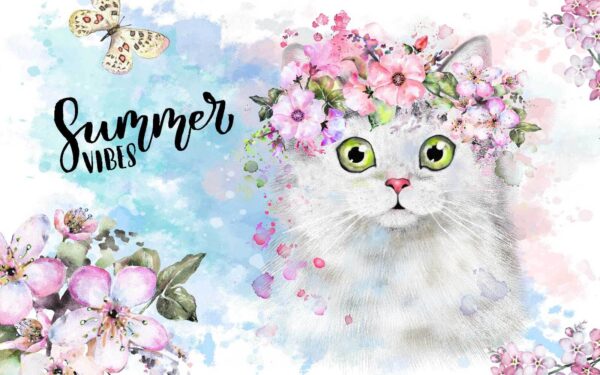 Gato com flores na cabeça Gato com flores na cabeça