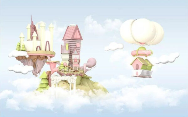 Casas de desenhos animados a flutuar no céu Casas de desenhos animados a flutuar no céu