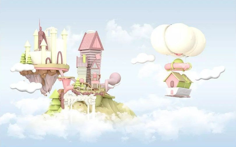 Casas de desenhos animados a flutuar no céu